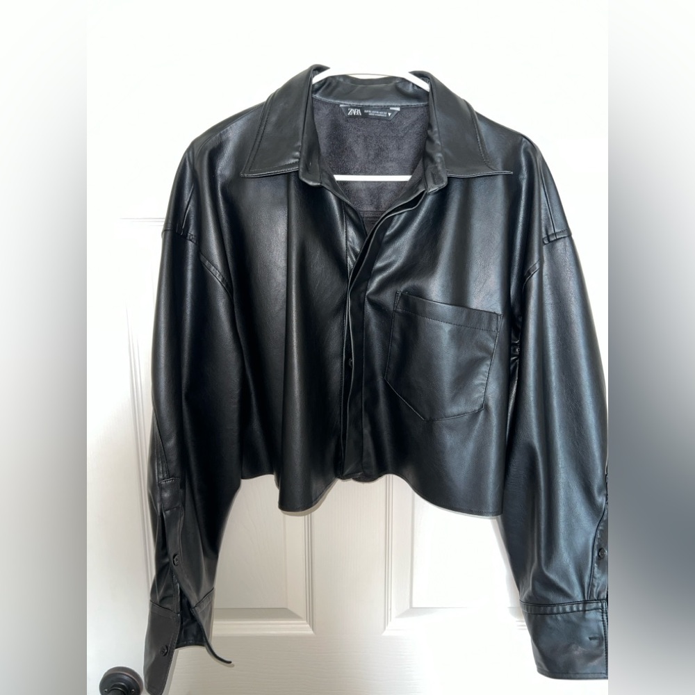 Zara Cropped Black Faux Leather Shirt